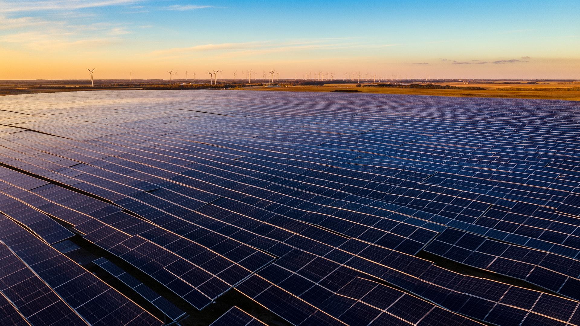 Fazenda solar com turbinas eólicas ao fundo